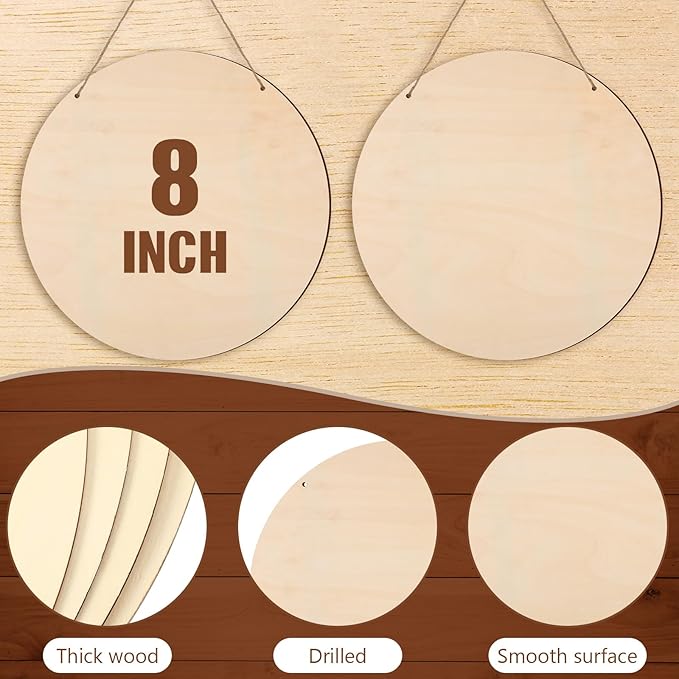 Suzile 20 Pcs Blank Wood Rounds Unfinished Wooden Crafts Signs Circles Discs for DIY Christmas Home Decor Painting Door Hanger Design(8 Inch)
