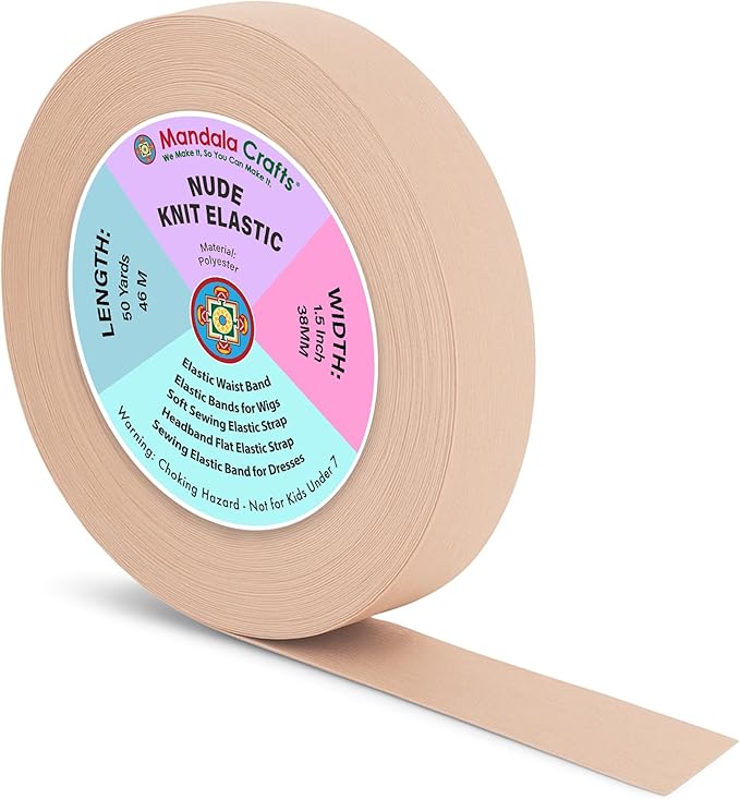 Mandala Crafts Wide 1.5 Inch Nude Elastic Bands Spool for Pants Waistbands Sewing and DIY Crafts, 50 YD Stretchy Flat Fabric Strap Knit Elastic Band for Wig