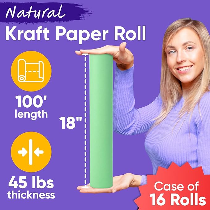 18" x 1200" (100 ft) Light Green Kraft Paper (Case of 16 Rolls), 45 lbs Thickness, Made in USA Kraft Paper for School, Art Colored Paper, Gift Wrapping Paper, Packing Paper for Moving