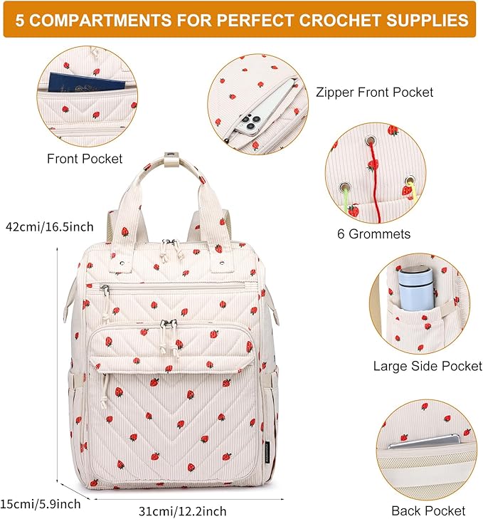 Crochet Bag Backpack, Yarn Storage, Large Crochet Storage Organizer for Knitting & Crochet Accessories, Kawaii Corduroy Crochet Supplies, Christmas Gifts for Women, Beige Strawberries