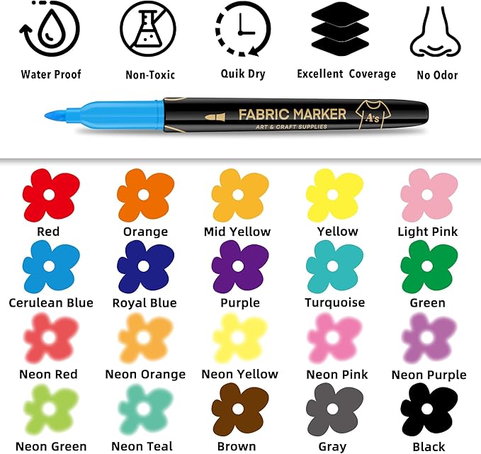 Art+soul Fabric Markers 20 Colors: No-Iron, Air-Dry Overnight for Color Fix, Color-Lasting. 10+ Machine Wash-Resistant. Great for T-Shirts, Textiles, Canvas Bags & Shoes
