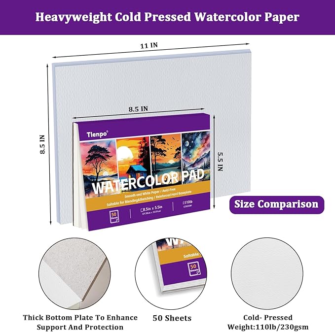 Tlenpo Watercolor Paper Pad, 8.5 x5.5 in, 110lb/230gsm, 50 Sheets, Artist Painting Drawing Paper Book, Art Supplies for Adults Kids, Acid-Free Water Color Paper for Beginner Students