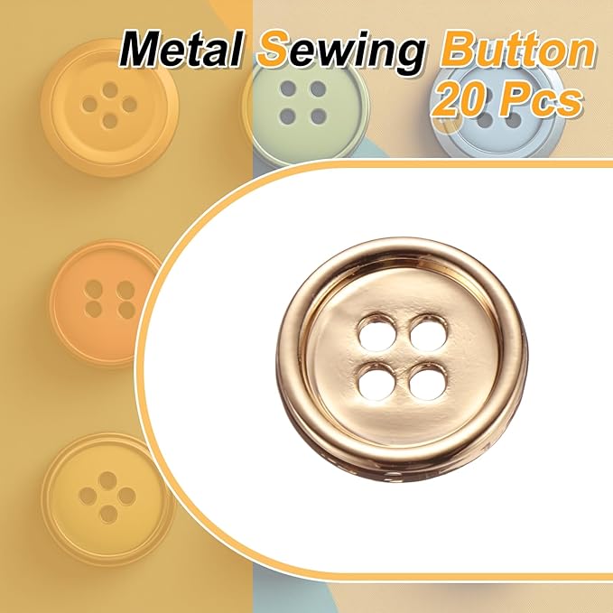 HARFINGTON 20pcs Metal Sewing Button, 15mm 4-Hole Round Suit Shirts Coats Clothes Sewing Buttons for Decoration Craft, Gold
