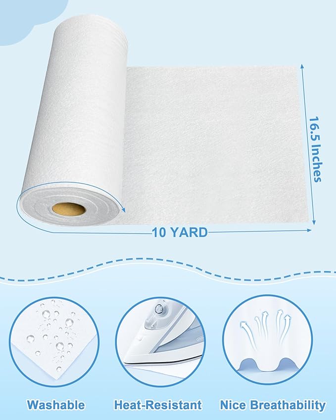 PLANTIONAL Iron-On Fusible Fleece Interfacing: 16.5 Inches x 10 Yards Light Weight Single-Sided Loft Iron On Fusible Fleece White for Sewing Crafting and Home Decor