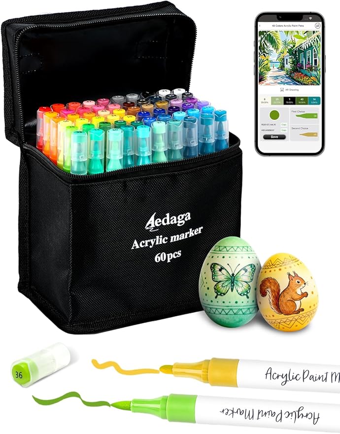 YHC 60 Colors Acrylic Paint Pens with Free App, Dual Tip Acrylic Paint Markers with Brush Tip and Fine Tip for Adults, Eggs, Wood, Rock, Canvas, Plastic, Stone, Glass, Ceramic