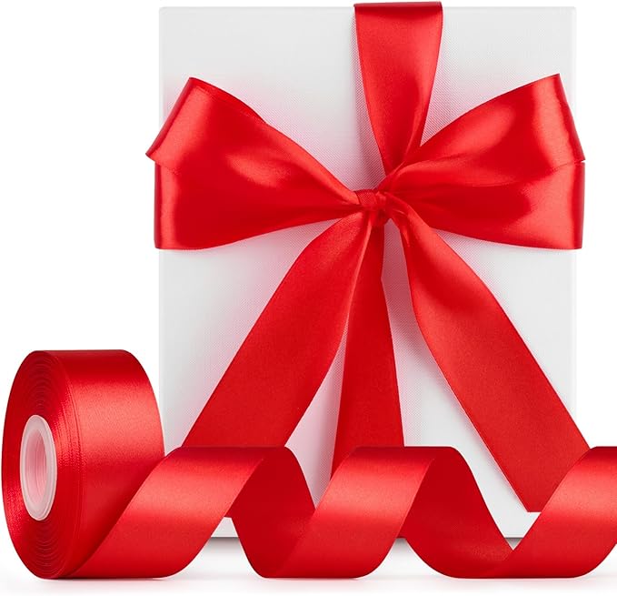 1-1/2 Inch Wide Red Satin Ribbon, 50 Yards Solid Polyester Fabric Ribbon for Roses Making, Gift Wrapping, Valentine's Day, Wedding Decorations, Crafts, Bows