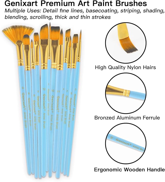 Genixart Paint Brush Set for Acrylic Oil Watercolor, Synthetic Nylon Hairs Artist Paintbrushes for Nail Face Body Professional Art Painting, 12 Pack Paint Brushes for Students Adults (SkyBlue)