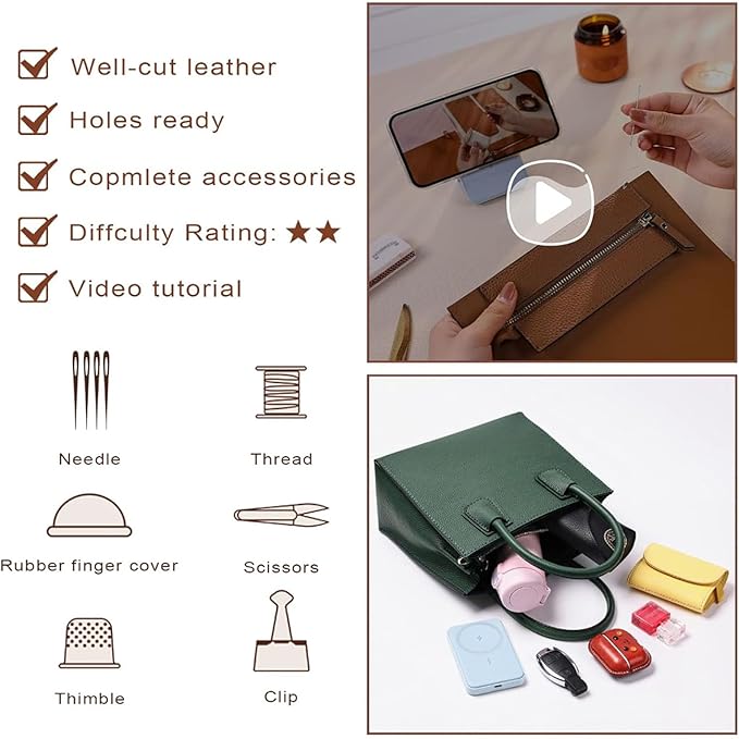 POPSEWING Top Grain Leather Mini Tote Handbag DIY Kit, Crossbody Shoulder Bag with Sewing Kits for Women, Girls, DIY Leather Bag Kit for Personalized Gift (Red)