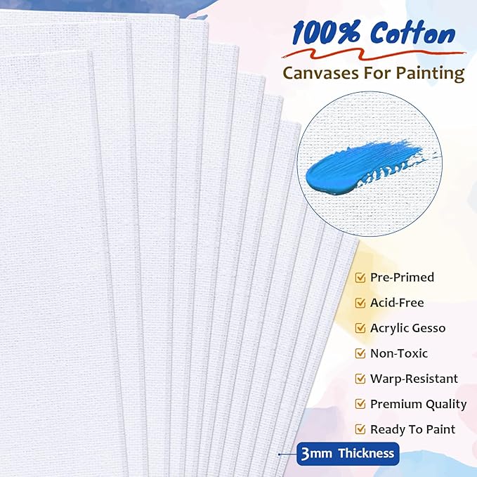 12-Pack 9x12 inch Canvas Boards for Painting, Canvas Panels for Kid & Adults 100% Cotton Gesso Primed Art Painting Supplies for Acrylic, Oil, Tempera & Watercolor