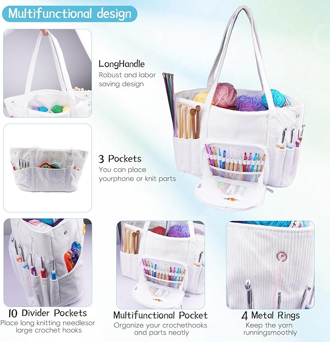 Crochet Bag Organizer, Large Capacity Yarn Storage Bag, Corduroy Knitting Crochet Tote Bag, Crochet Storage Bag for Crochet Hooks, Crochet Accessories, Knitting Needles Holder, White