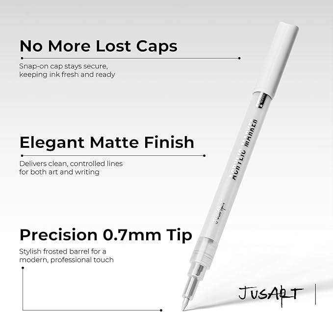 JusArt 3 Pack White Permanent Markers, 0.7mm Fine Point Acrylic Paint Pens for Rock Painting, Art Projects, Ceramic, Glass, Wood, Metal, Fabric, DIY, Ideal White Acrylic Marker for Art Supplies