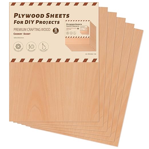 Rowood 6 Pack Cherry Wood Plywood Sheets 1/8,12x16x1/8inch,3mm Thin Unfinished Craft Wood for Laser Cutting Blanks,DIY Adult Project Kits for DIY Ornaments,Architectural Model
