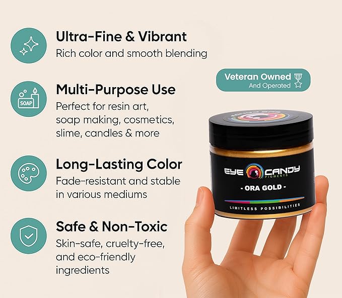 Eye Candy Pigments Premium Gold Mica Powder - Ora Gold (50gr) - for Epoxy, Resin, Soap, Paint, Woodworking, Acrylic Pouring, Bath Bombs, Fishing Lures - DIY Arts and Crafts Additive