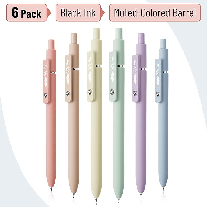 Mr. Pen- Retractable Gel Pens, 6 Pack, Pastel Barrels, Black Ink, Fast Dry, Fine Point 0.5mm, Cute Aesthetic for Journaling