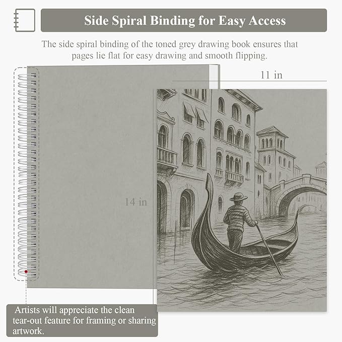 SuFly Gray Toned Sketch Pad, 11" x 14" - 60 Sheets Spiral Bound Sketchbook, 85lb/130gsm Toned Gray Paper for Graphite, Charcoal, Colored Pencils and Gel Pens.