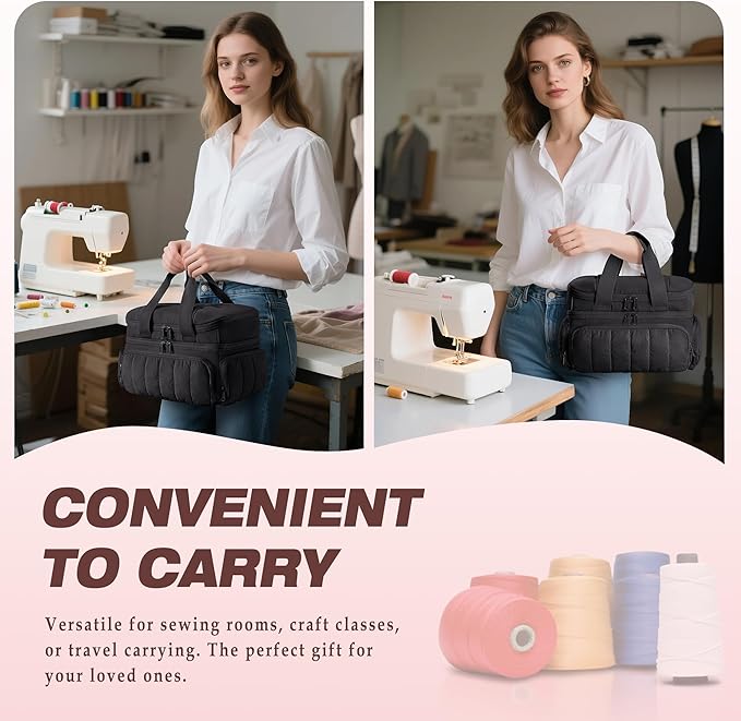 Puffer Sewing Organizer Bag, Large Capacity with Multiple Pockets and Detachable Dividers, Storage Box for Threads, Needles, Scissors, Craft Supplies, Black (BAG ONLY, NO SUPPLIES)