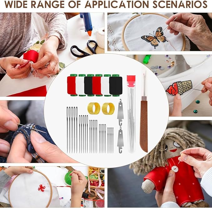 37Pcs Big Eye Steel Sewing Needles Kit - with Thread Ripper, Needle Threaders, Threader and Needle Repair Kit Stainless Steel Needles for Hand Sewing