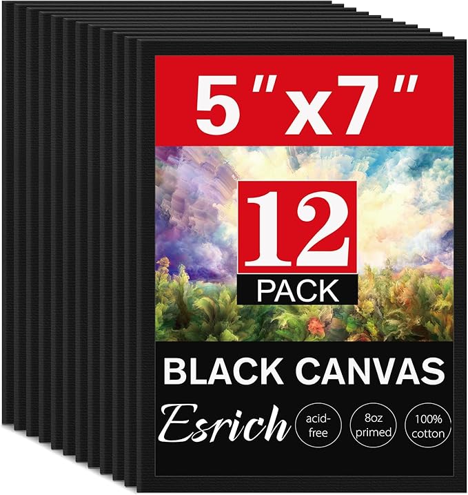 ESRICH 5x7 Canvas for Painting, 12 Pack Small Canvases for Painting Canvas Primed Acid-Free Black Canvas Panels for Oil, Acrylic Paint and Tempera.