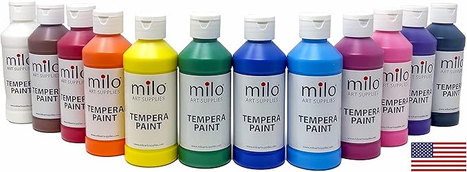milo Washable Paint | 12 Colors 8 oz Bottles | Made in the USA | Safe and Non-Toxic Tempera Paint for Arts & Crafts, Poster, Window, Classroom, School