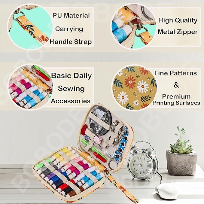 Sewing Project Kits Printing Mini Professional Sewing Kit Daisy Pattern Basic Travel Sewing Kit for Adults,Arts Craft DIY,Emergency, Home Beginners
