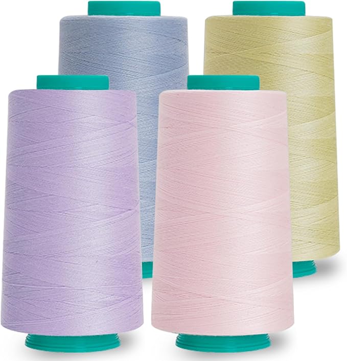 Serger Thread, All-Purpose Sewing Thread Polyester,4 Cones of 3000 Yards Each Spool,Cone Thread for Sewing Machine,140S/2 (Grey Blue,Yellow Green,Purple,Pink)