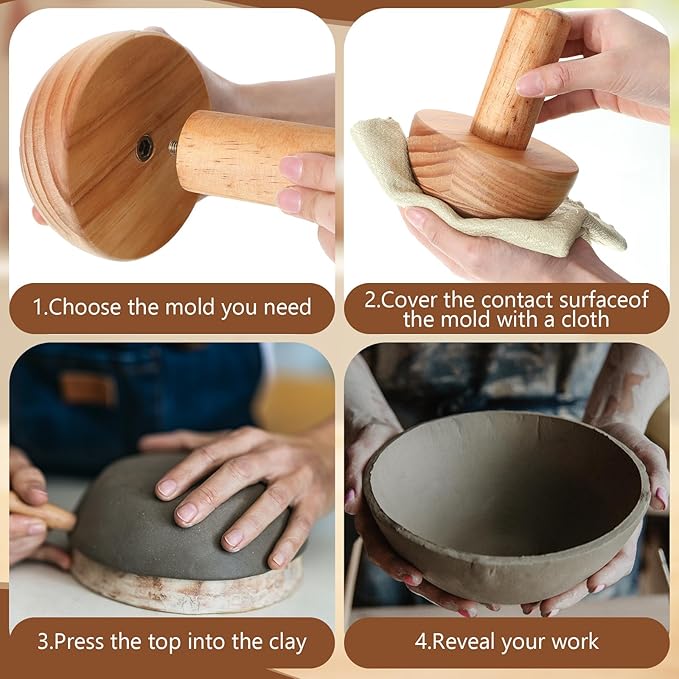4 Pack Pottery Molds 4.5'' 6.5'' 8.5'' 10.5'' Thickness 2'' Plaster Molds Wood Pottery Tools with Handle for Ceramic Top Forms DIY Bowls Plate Dish Slump Press Art Making(Hemispherical)