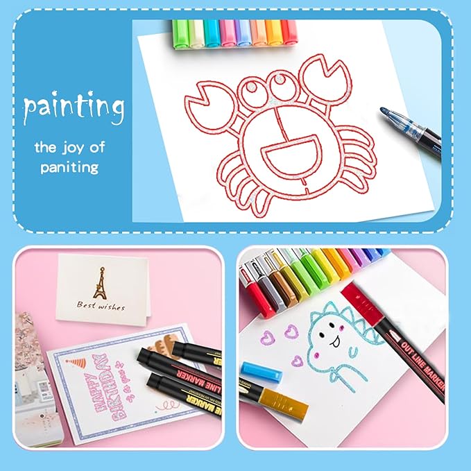 Tommax Double Line Outline Markers 24pcs, Metallic Shimmer Markers for Gift Cards, Rock Painting, Wood, Ceramic, Glass