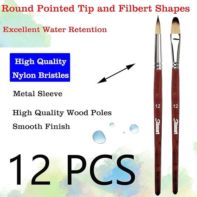 12 pcs Acrylic Paint Brushes Set,6 Professional Round Pointed Tip Paintbrushes and 6 Filbert Artist Paintbrush for Watercolor,Acrylics,Oil,Gouache,Ink，Perfect for Artists and Beginners