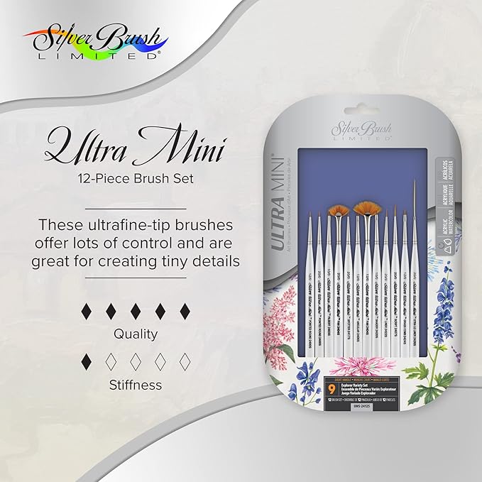 Silver Brush Limited UMS-2412S Ultra Mini Explorer Variety Set, Paintbrushes for Watercolor, Gouache, Inks, Dyes, Acrylic, & Heavy Body Paints, Set of 12, Short Handle