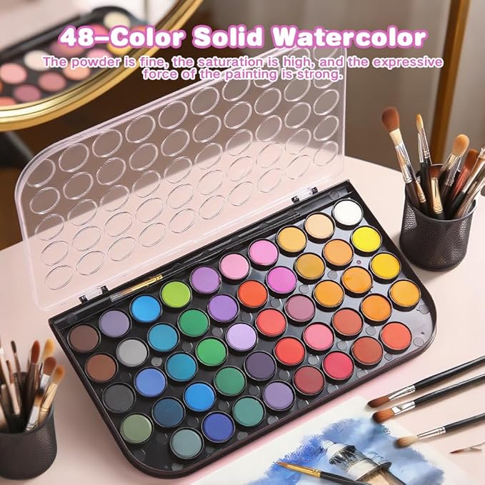 48 Colors Watercolor Paint Set with Palette & 2 Brushes – Non-Toxic, Vibrant Watercolor Paints for Beginners, Artists, Kids – Portable Art Supplies for Watercolor Drawing & Painting