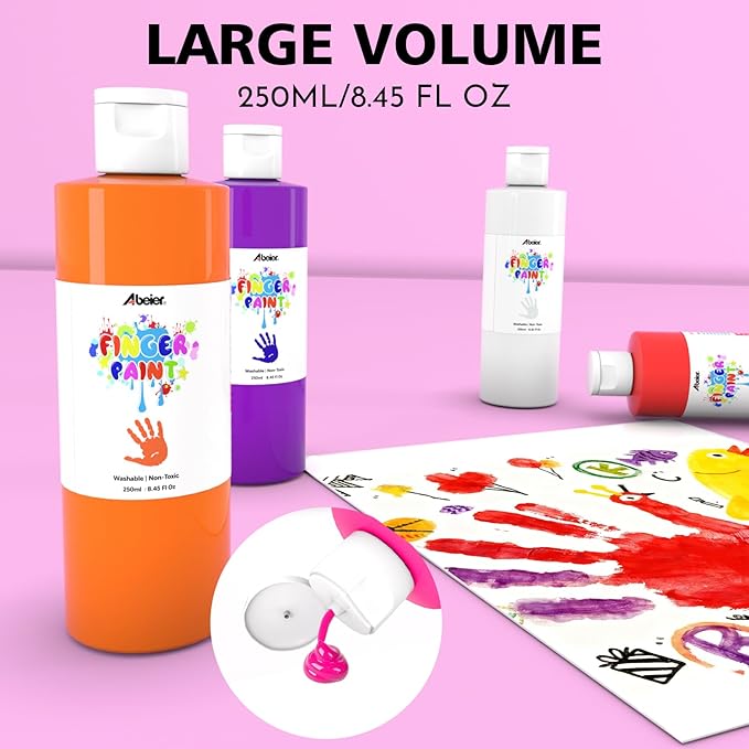ABEIER Washable Finger Paint Bulk Pack for Toddlers, Safe Non-Toxic, 12 Vibrant Colors (8.45 Fl oz), Baby Safe Paint for Hand and Feet, Mess Free Art Supplies for Kids, Ages 1-3 4 5 6+