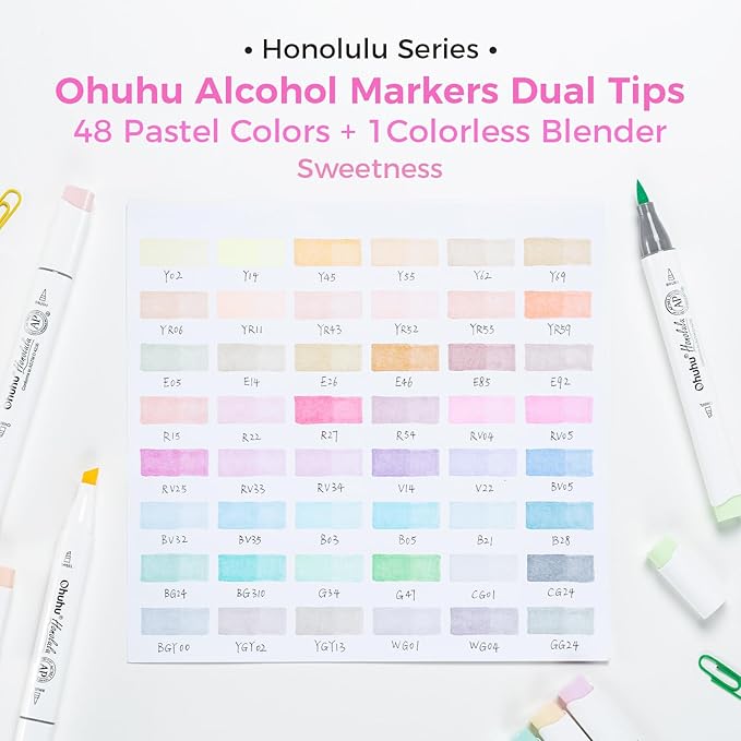 Ohuhu Pastel Alcohol Brush Markers- 48 Colors of Honolulu Sweetness - AP Certificated -Alcohol Based Double Tipped Art Marker Set for Artist Adults Coloring Illustration- Brush & Chisel - Refillable