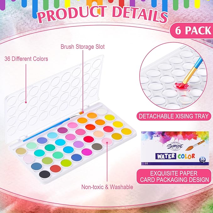 6 Set Watercolor Paint Set 36-color Watercolor Paint with 10 Brushes Painting Sets Portable Water Color Supplies for Artists Beginners Adult Christmas Gift