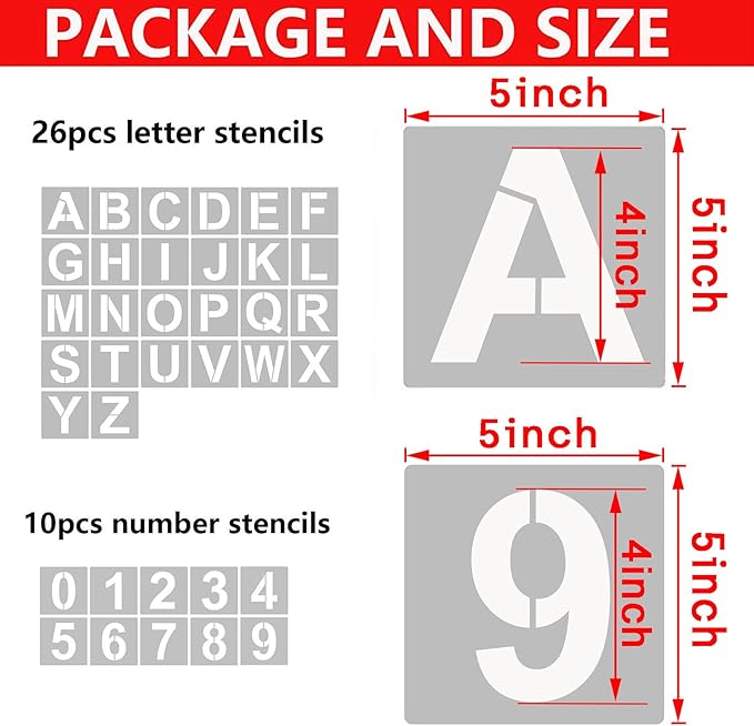 YEAJON 5 Inch Letter Stencils and Numbers, 36 Pcs Alphabet Art Craft Stencils, Reusable Plastic Templates for Wood, Wall, Fabric, Rock, Signage