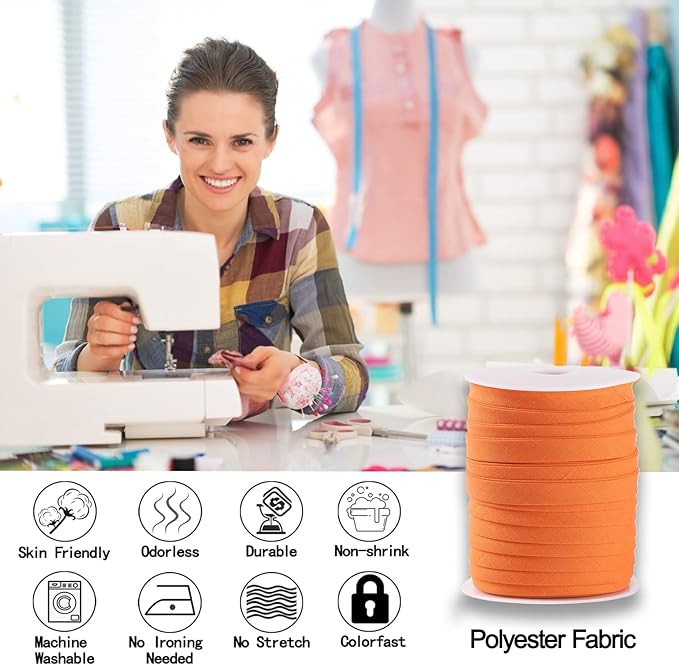 Bias Tape Double Fold 1/2 inch, Double Fold Bias Binding Tape 55 Yards (Orange) and 4 Pieces Sewing Fabric Chalks for Crafts, Sewing, Seaming, Hemming, Piping, Quilting.