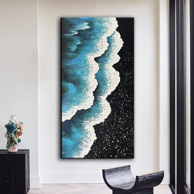 YaSheng Art - Oil Painting on Canvas Texture Black and White Blue Ocean scenery sandbeach 3D Oil Painting Hand-Painted Abstract Artwork Paintings Modern Home Decor Living room sofa bedroom dining room hanging pictures Canvas Wall Art 24x48inch