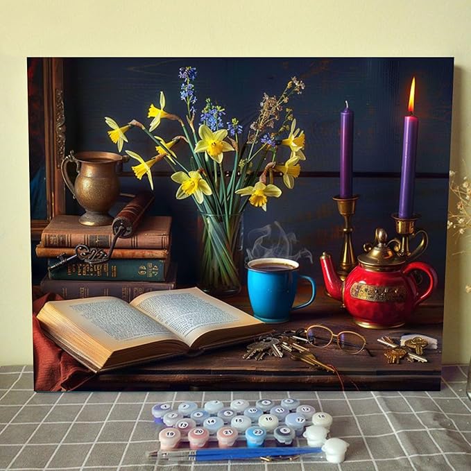 Paint by Numbers for Adults 16x20 inch Book and Flower DIY Oil Painting Kits on Canvas with Paint Brushes and Acrylic Pigment Medieval European Style Retro Home Wall Decor Artwork Gift(Manual Frame)
