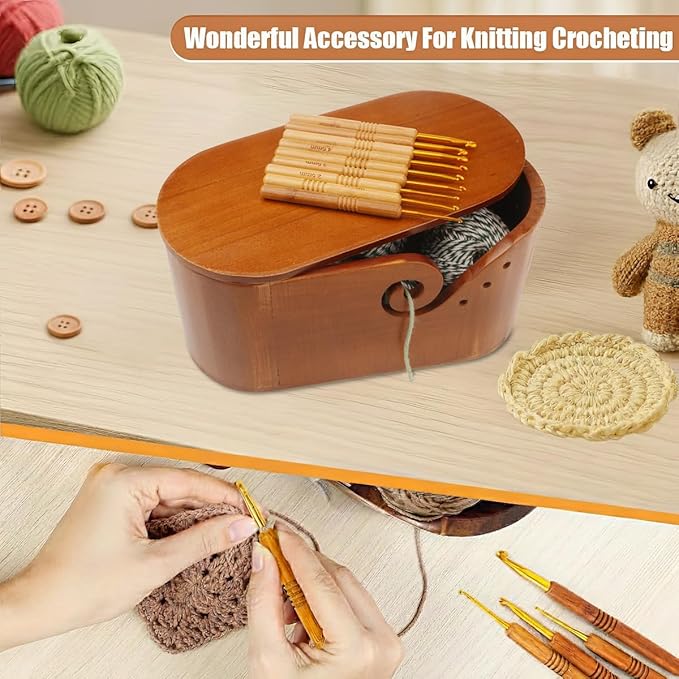 Wooden Oval Yarn Bowls for Crocheting, Handmade Crochet Bowls with Lid and 9 Pcs Knitting Hooks, Knitting Lovers Yarn Storage Bowl for Handmade Knitting Yarn Lovers (Crochet Bowls Black)
