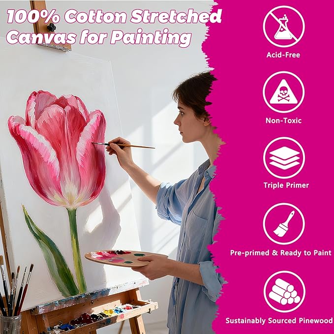 24-Pack Stretched Canvas for Painting, 6 Sizes 4"x4" to 16"x20" Canvas, 12 oz Double Primed 100% Cotton Black Canvas, Reinforced Wood Frame, Perfect for Oil, Acrylic & Mixed Media Artists