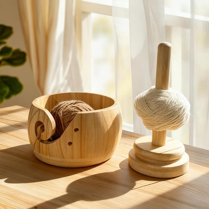 Large Wooden Yarn Bowl with Removable Holder & Lid | 2-in-1 Handmade Crochet and Knitting Yarn Organizer for Tangle-Free Crafting | Yarn Storage Box with Smooth Feed Holes