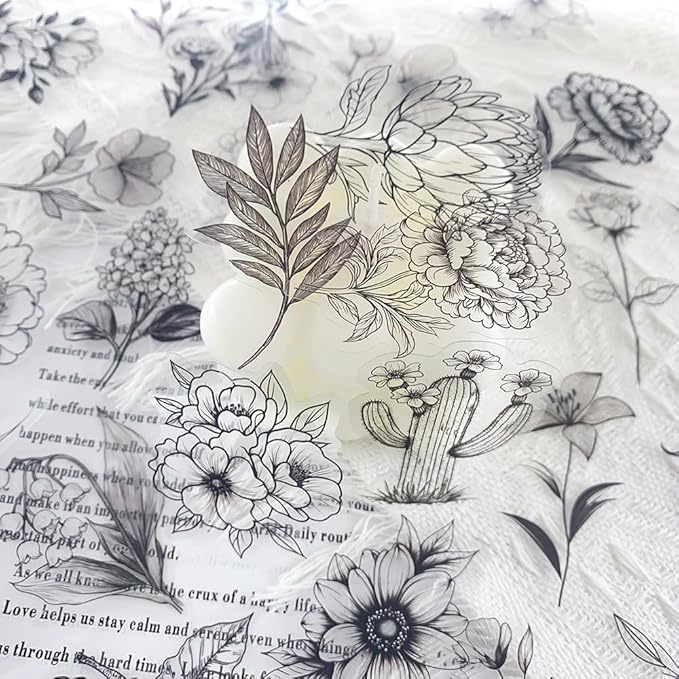 50Pcs Black Transparent Waterproof Plant Stickers for Scrapbooking, Journaling & Crafts – Floral & Botanical Decals for Resin Art Projects, Planners, Cards, Gifts