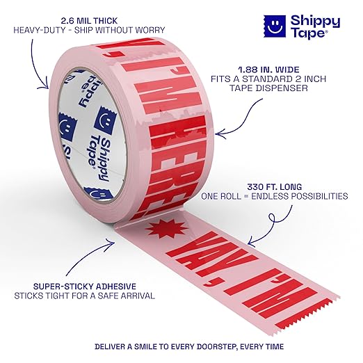 Cool Decorative Packing Tape for Small Business, Cute Designer Printed Packaging and Shipping Tape, Yay I'm Here!, Pink Red, 1.88" x 110 Yards (330 feet)