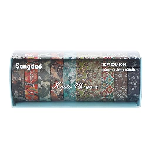 10 Rolls Ukiyo-e Style Washi Tape Set Japanese Kyoto Arts Adhesive Tapes Skinny Decorative Masking Tape Sets for Craft, Kids, Scrapbook, DIY, Gift Wrapping (Golden Seasons)