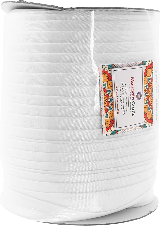 Mandala Crafts 5/8 Inch Single Fold Bias Tape for Sewing, Quilting, Piping, Hemming, Blanket & Quilt Binding – 55 Yards White Fabric Seam Binding Tape