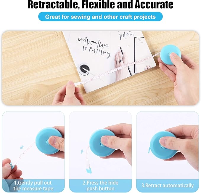 Tape Measure 150 cm 60 Inch Push Button Tape Body Measuring Soft Retractable for Sewing Double-Sided Tailor Cloth Ruler (Sky Blue) 3 Pack by BUSHIBU