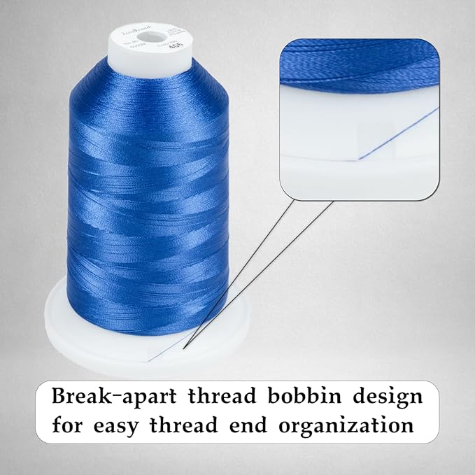 Simthread Trilobal Polyester Thread – 5000M (5500yds) No.40 – Super Sheen, Tangle-Free – Built-in Thread Lock Spool – Compatible with Brother, Singer, Janome & More, Blue-405