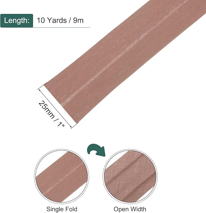 MECCANIXITY 1 Inch Single Fold Bias Tape Cotton Continuous Bulk Bias Tape for Sewing, Seaming Quilting Hemming Binding Crafts (Coffee 10 Yards)