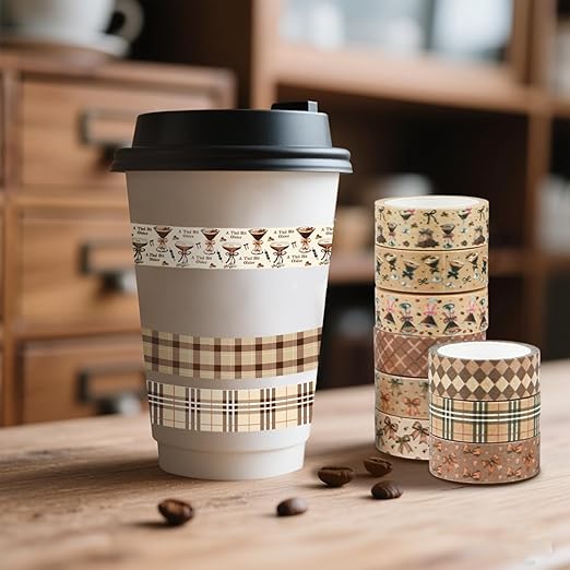 12 Rolls Martini Washi Tape, Vintage Brown Checkered Bow Masking Tape, Martini Coffee Decorative Sticker for Party Afternoon Tea Holiday Scrapbook Journal DIY Craft Gift Wraps 16.4FT