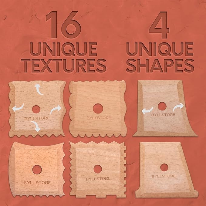 Byllstore Pottery Ribs & Trimming Tools | 2 Foot Shaper Tools | 4 Clay Texture Ribs | Solid Beech Wood | Several Pack Options (6-Pack)