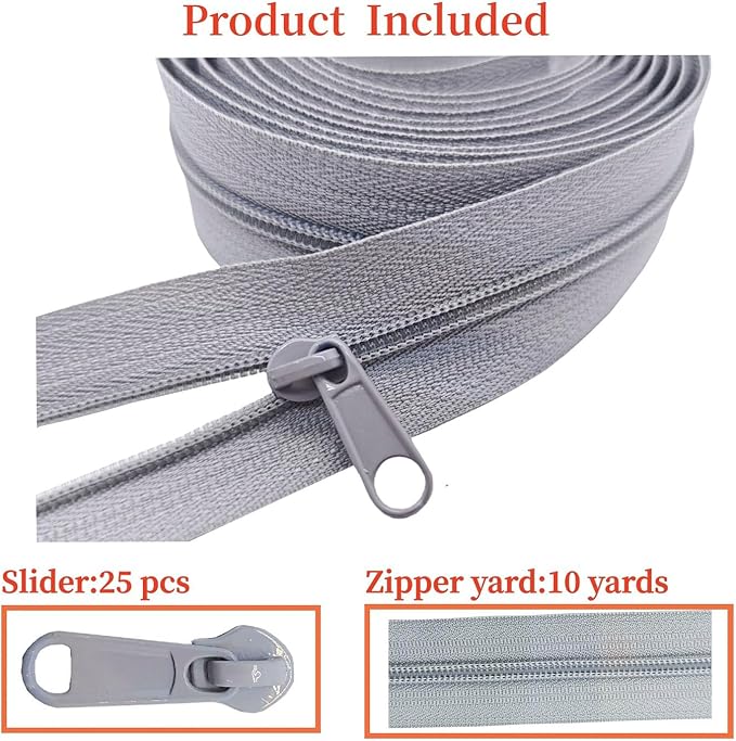 MebuZip #3 Nylon Coil Zippers by The Yard Bulk Zipper Roll Zipper Tape 10 Yards with 25pcs Pulls for Sewing Tailor DIY Craft Bags Pillows (Grey 10Yards)